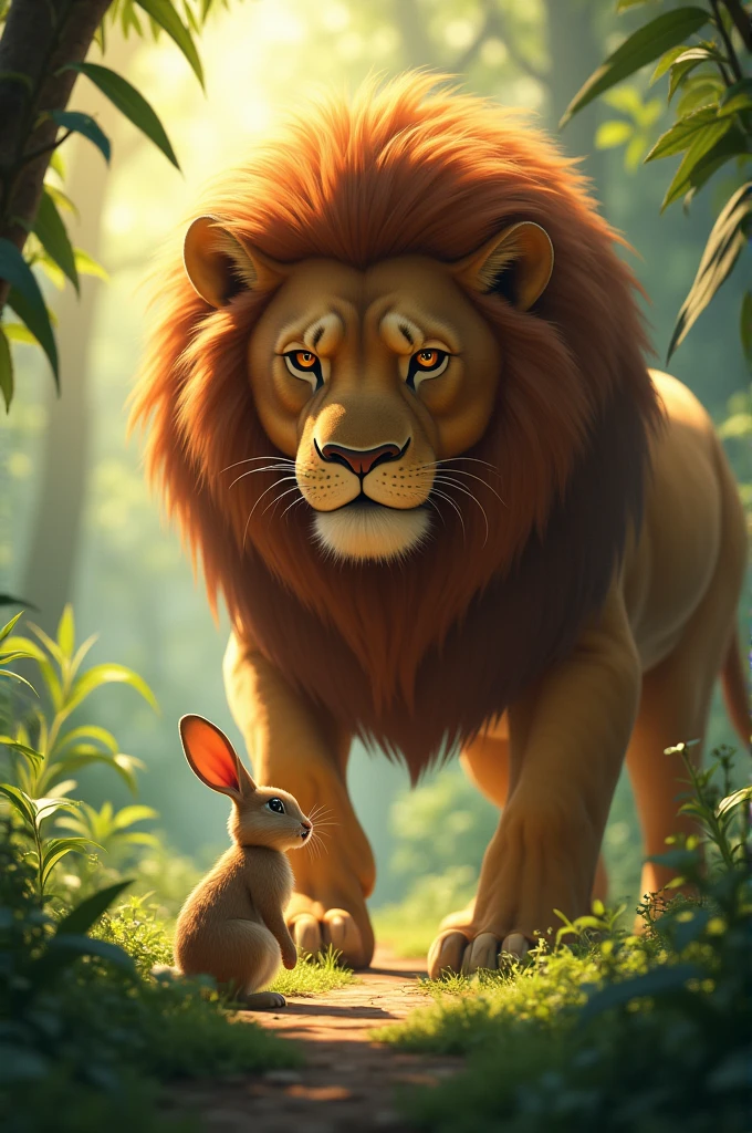 The Rabbit Talking to the Lion:The rabbit stands in front of the lion, who is much larger and towering over the rabbit. The lion looks angry and impatient, while the rabbit is calm and polite, explaining something. They are in a jungle clearing with the sunlight streaming through the trees.