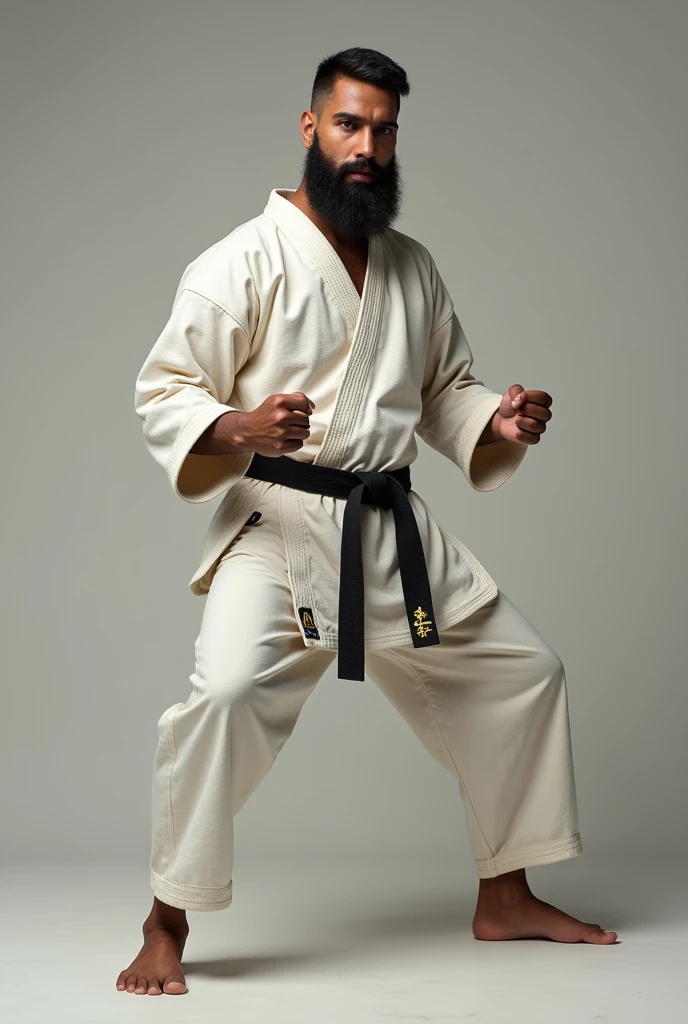 A cute 20 years old latin man , rough dry face skin , full body view, black short beard, short hair, karate cloth
