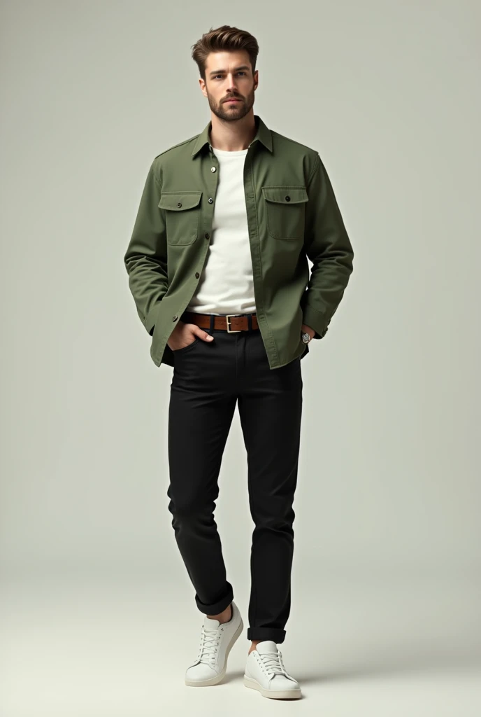 A smart man without beard standing. He is wearing white shoes with black jeans and green shirt with white t shirt