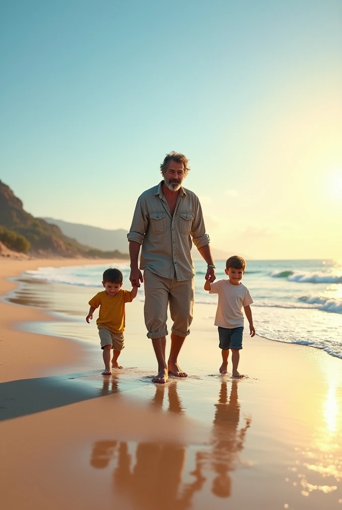 Image of a 2 man and his 2 son and  son walking along the beach
