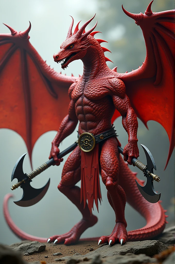 Make an image of a red humanoid dragon, wingless, 2 meters tall and using two axes. Create as realistic as possible without wings and very intimidating.