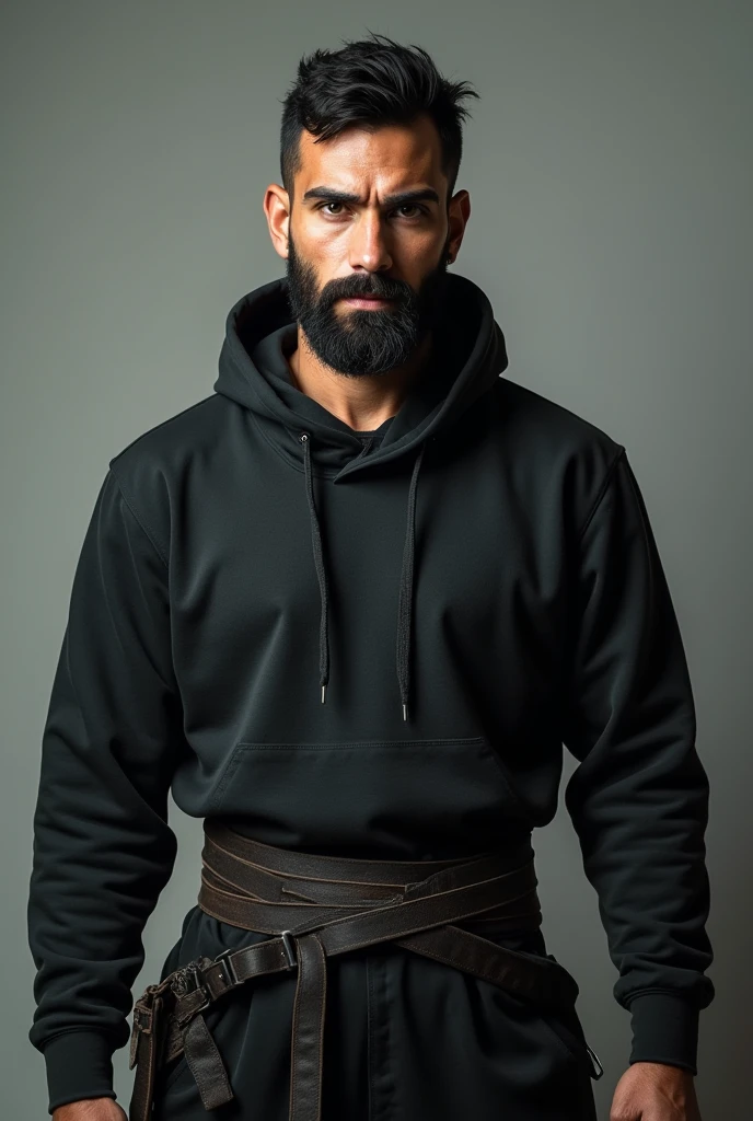 A cute 20 years old latin man , rough dry face skin , full body view, black short beard, short hair,ninja cloth