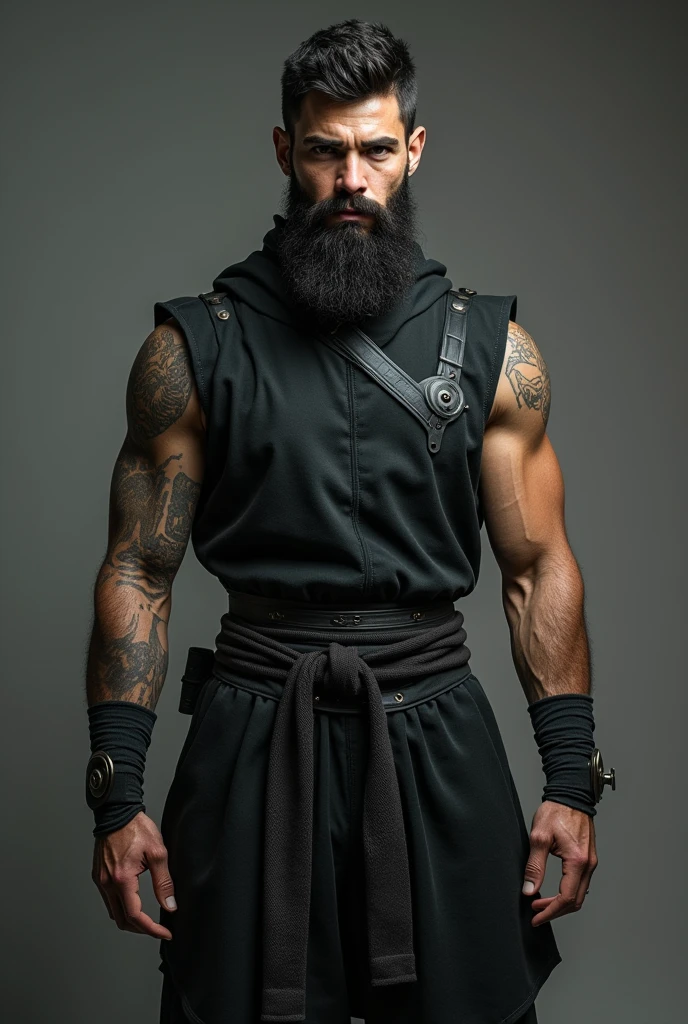 A cute 20 years old latin man , rough dry face skin , full body view, black short beard, short hair,ninja cloth