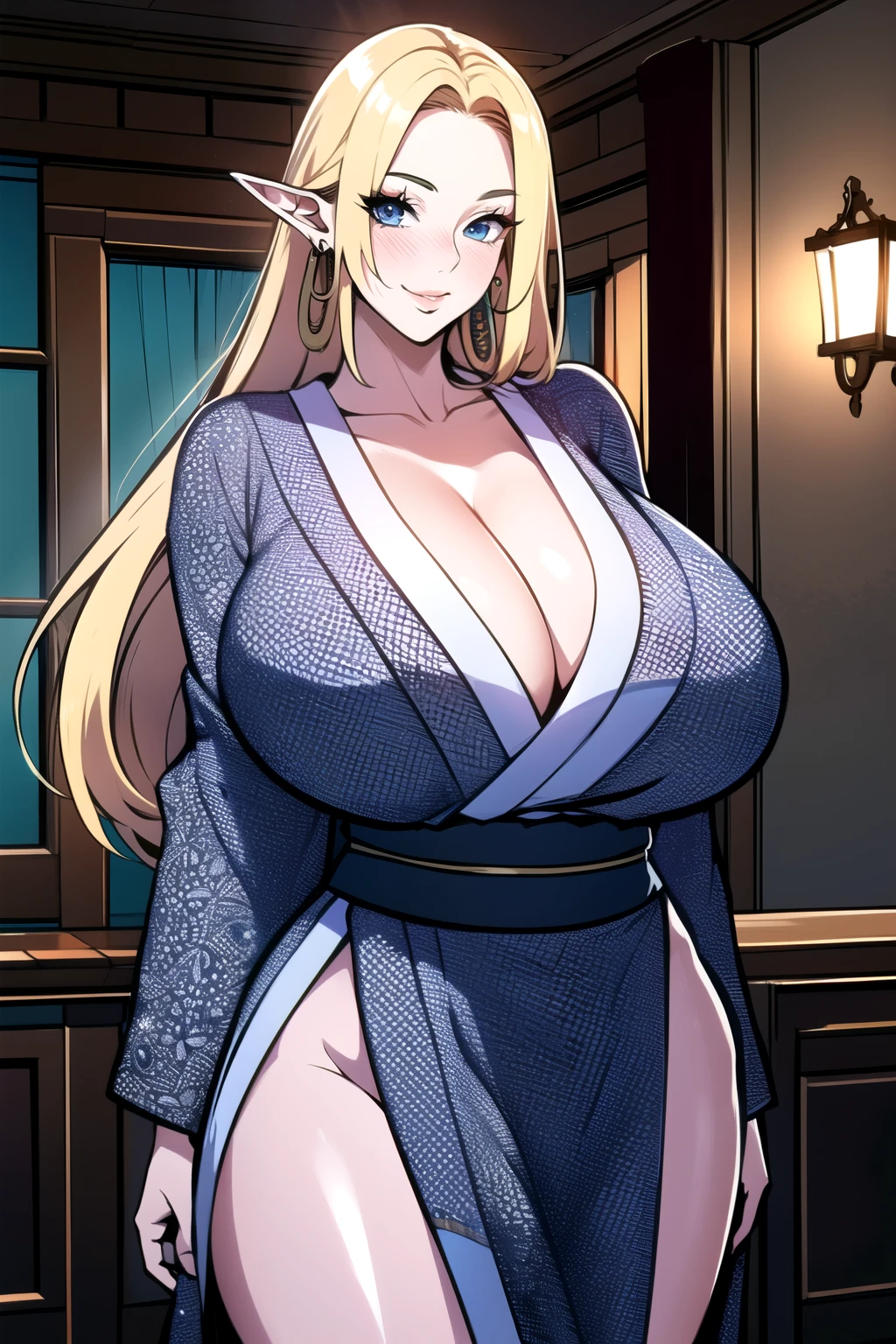 ultra realistic 8k cg, masterpiece, ((ultra detailed background,  intricate detail, highly detailed, fine details best quality, hyperdetailed face)), gigantic breasts ,beautiful lighting, absurdres, BoaHancockV2,  1girl, solo, (blond hair), long hair, jewelry, closed mouth, ), cleavage, (short kimono : 1.1), (cleavage),, curvy, midriff, curvy, thighs, shiny clothes), blue eyes, complex detailed background, indoor, palace), ((cowboy shot)), curvy, (gigantic breasts: 1.1), seductive smile, cowboy shot, earrings, jewelry, elf ears