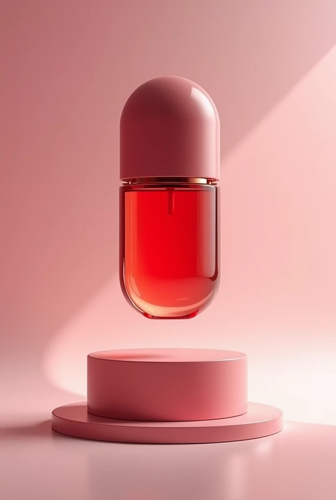 Generate a photo of the fragrance, the bottle of which looks like a capsule. with a magnetic stand, as if in the air, cherry color. Modern style