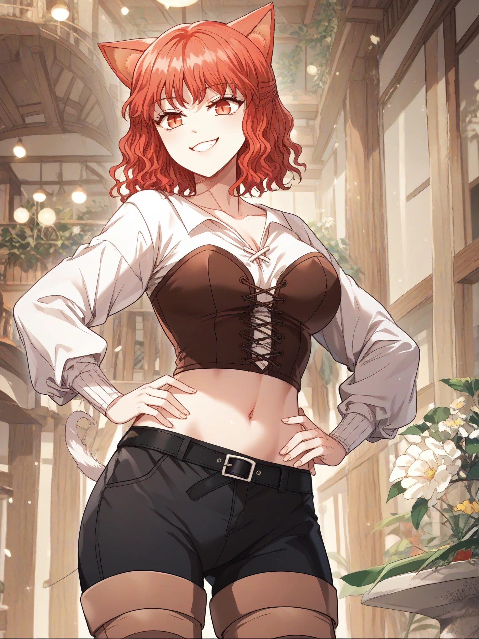 MisshaKarlstein, cat woman, red eyes, red hair, short hair, wavy hair,top tank,shorts,midriff,navel,smile,joy,happyblissfull
