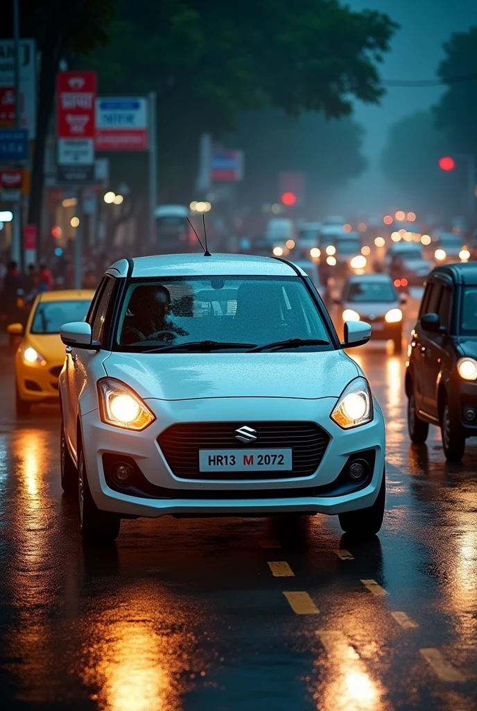 White swift vdi old with registration number HR13 M 2072 hsrp driving in indian traffic night front