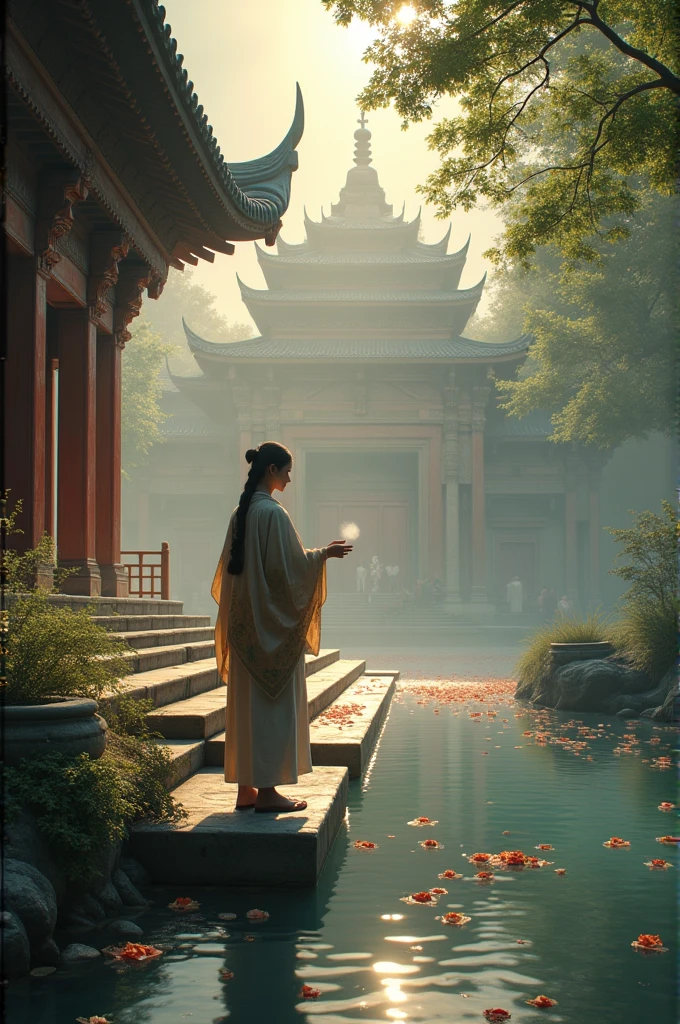 A person stadning near temple & throwing coins into temple pond