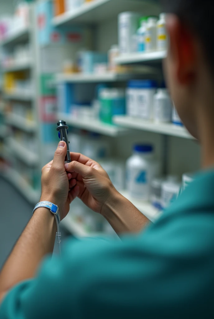 Arm with IV in arm in a pharmacy sitting without showing face , but the image has to appear to be taken with a cell phone from the shoulder without showing the cell phone or the patient&#39;s face

