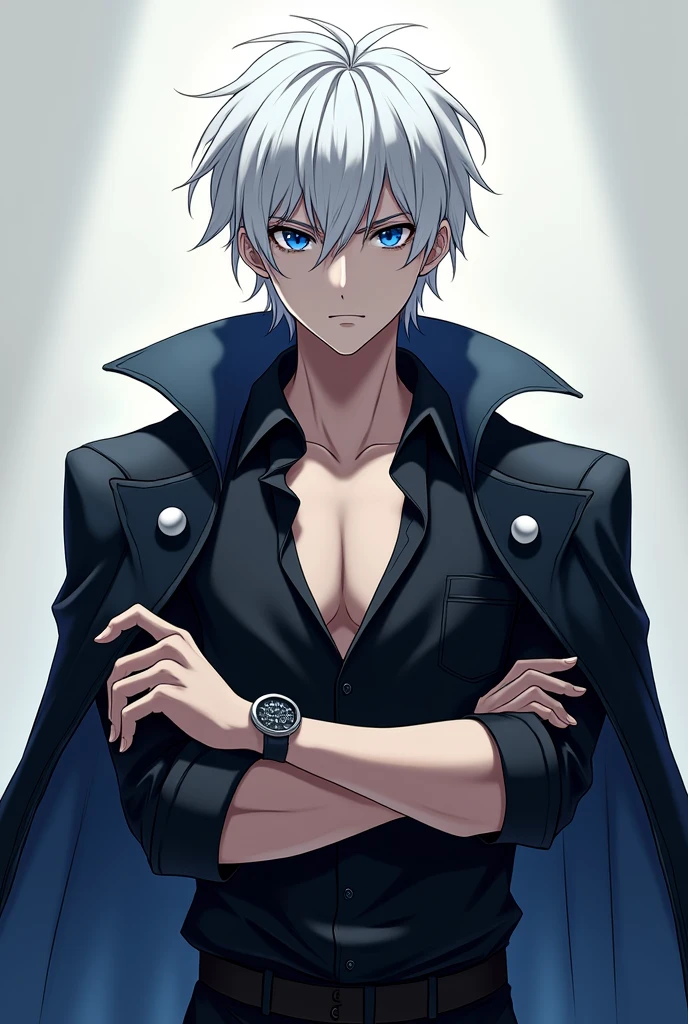short white hair anime handsome boy with emotionless dark blue sharp eyes, white hair toned, with katana wearing open wide collar black shirt with a pirate cape in the shoulders, white skin tone with collar arms folded