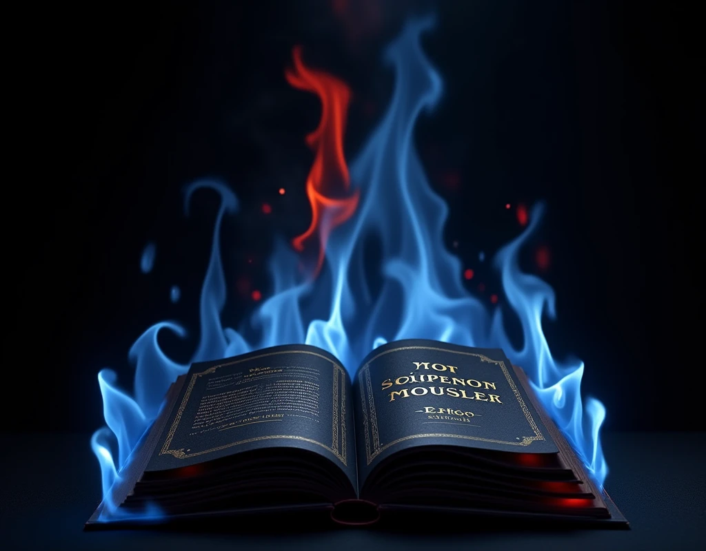 Black book open standing, burning with blue base and red tip fire, The title on the cover says "wet gunpowder" in Spanish in gold letters and below by Eriko, on black photography background
