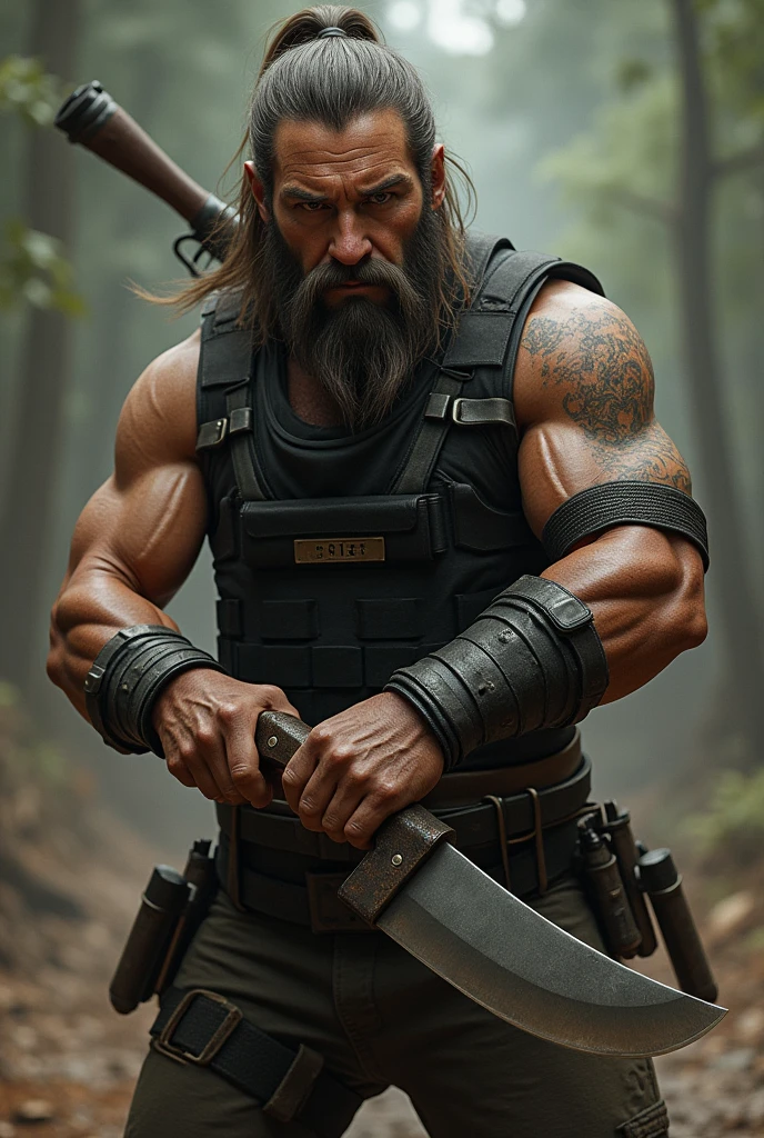 Man with tying hair back hairstyle & beard, holding gun in one hand and holding Machete in other hand, wearing black vest
