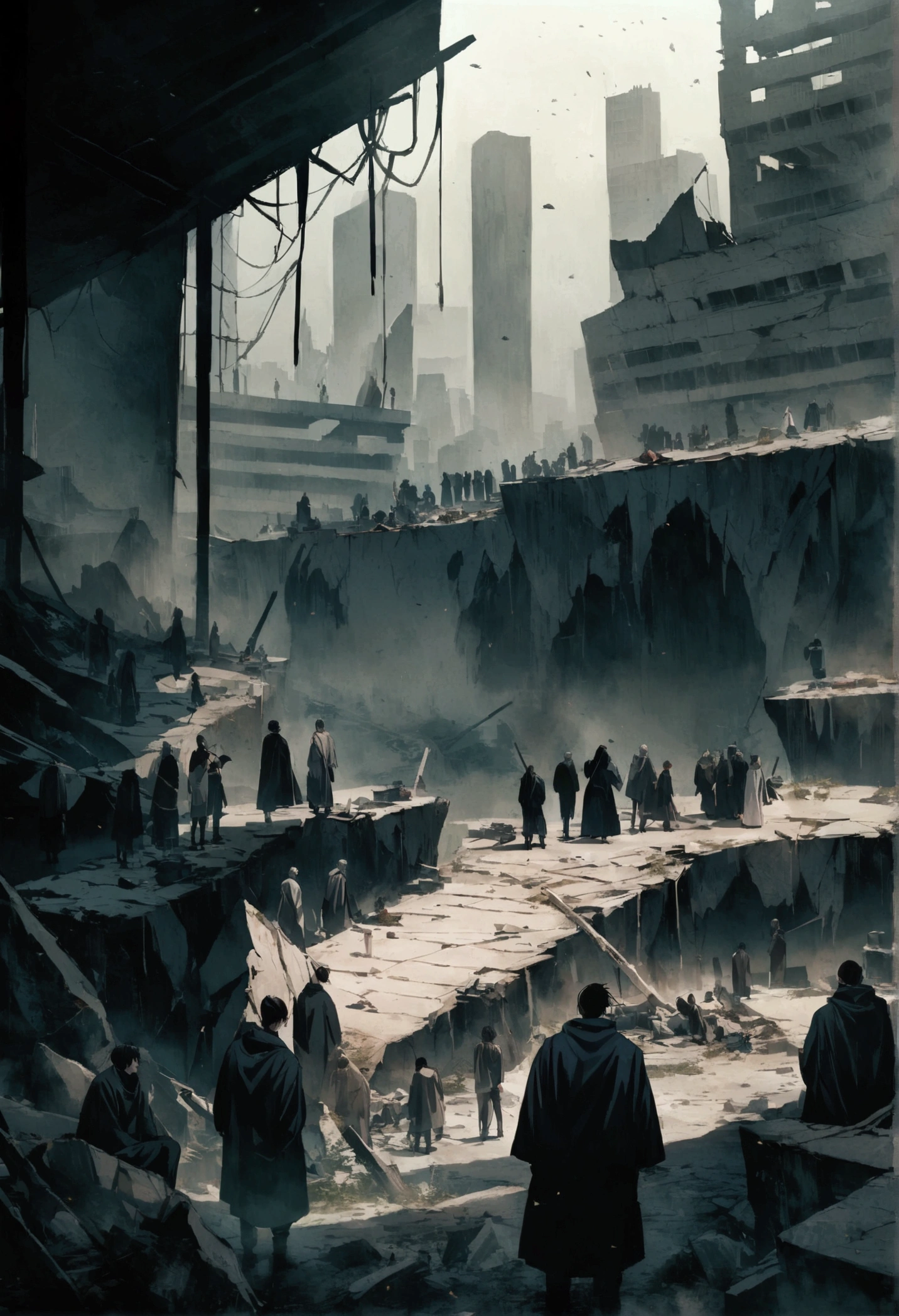 A photo depicting a post-apocalyptic world. A desolate cityscape with shattered glass, broken bridges, and toppling skyscrapers. A group of figures, a group from jujutsu kaisen, stands in the foreground, silently observing the remains of civilization. Anime