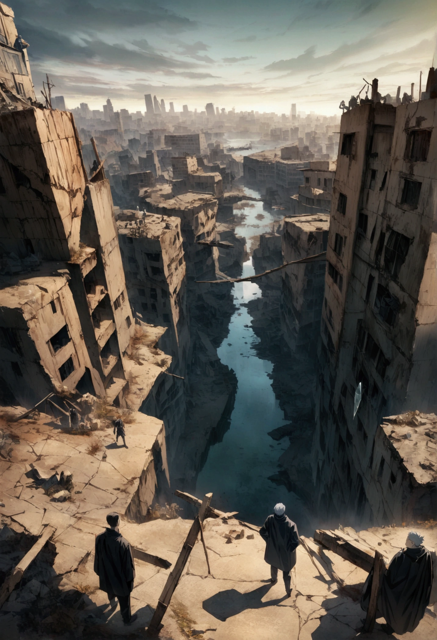 A photo depicting a post-apocalyptic world. A desolate cityscape with shattered glass, broken bridges, and toppling skyscrapers. A group of figures, a group from jujutsu kaisen, stands in the foreground, silently observing the remains of civilization. Anime