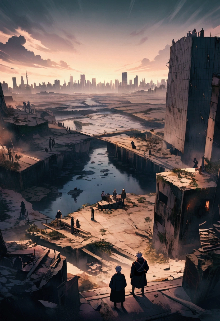 A photo depicting a post-apocalyptic world. A desolate cityscape with shattered glass, broken bridges, and toppling skyscrapers. A group of figures, a group from jujutsu kaisen, stands in the foreground, silently observing the remains of civilization. Anime