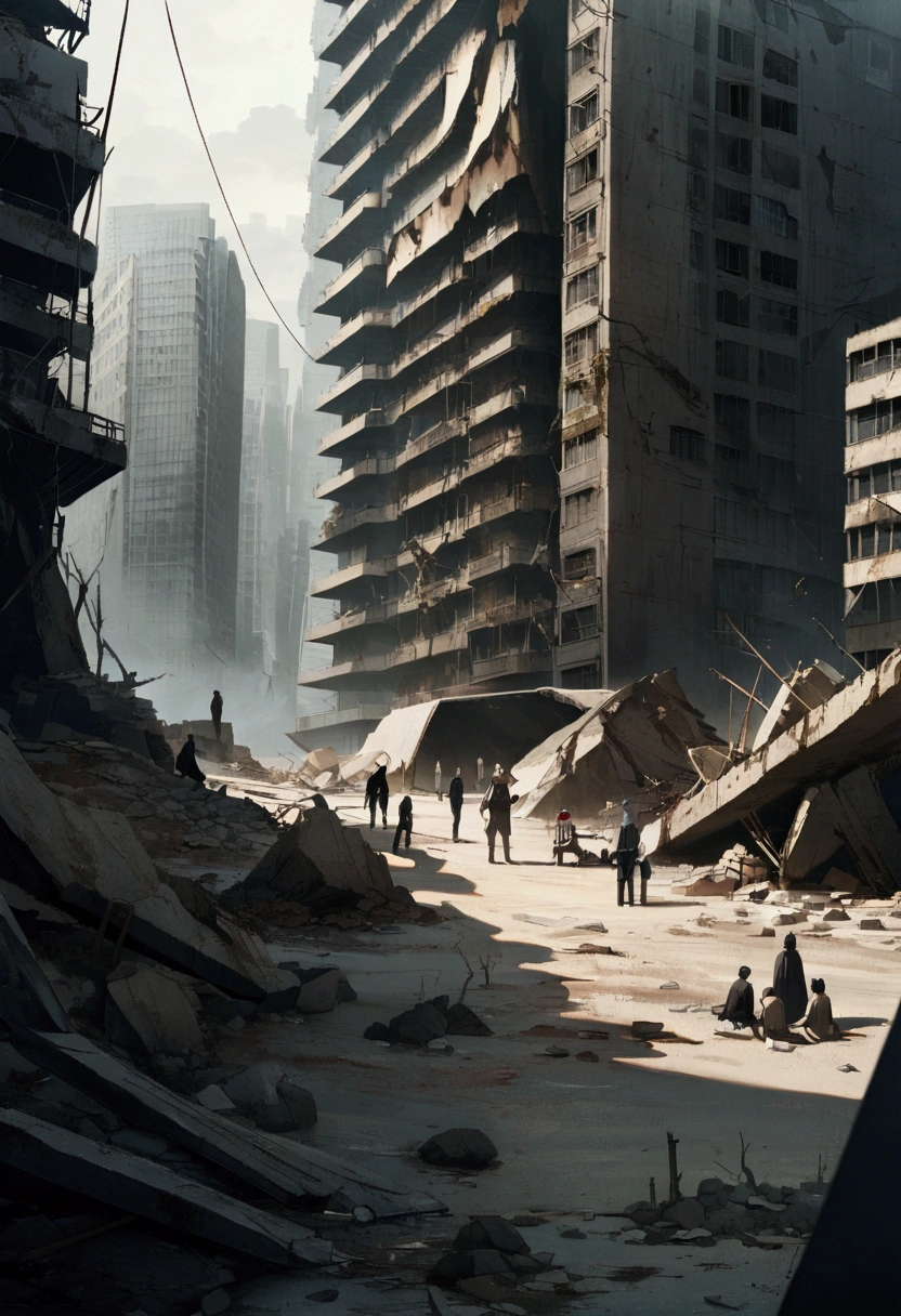 A photo depicting a post-apocalyptic world. A desolate cityscape with shattered glass, broken bridges, and toppling skyscrapers. A group of figures, a group from jujutsu kaisen, stands in the foreground, silently observing the remains of civilization. Anime