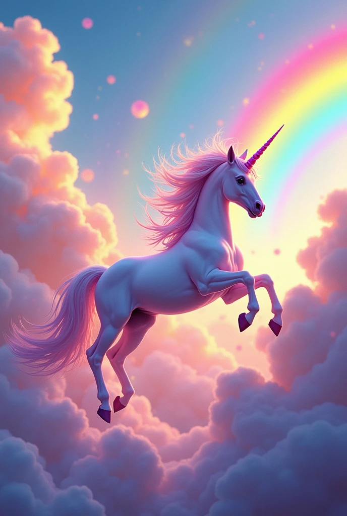 colorful unicorns image, magical and semi-realistic, where unicorns are jumping between the clouds with lots of rainbows in the background, everything exaggeratedly colorful, like the ones in the symphony memes
