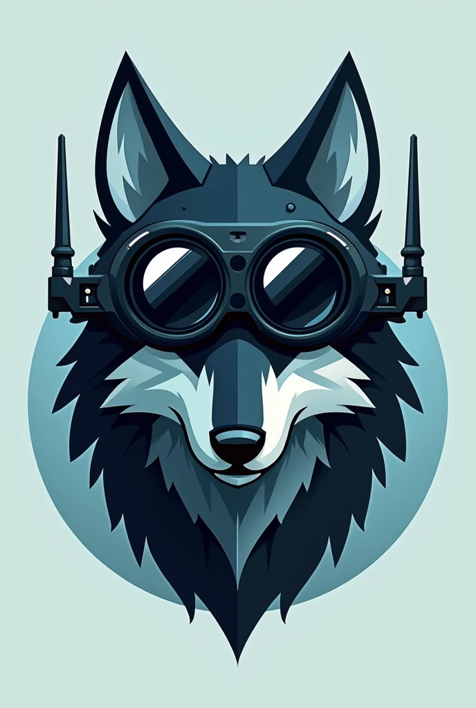 Logo, wolf head with black drone goggles with antennas, Cubism in Cyan and Silver, that the image has few details. 2d