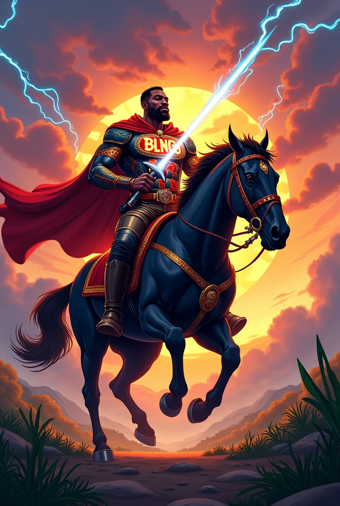 "Un super héros haïtien musclé nommé BING, chevauchant un puissant cheval noir sous un ciel de coucher de soleil vibrant. BING porte une tenue héroïque aux couleurs vives de Haïti, ornée de motifs traditionnels et de symboles mystiques. Sur sa poitrine, en lettres majuscules lumineuses, est inscrit le nom 'BING'. Sa cape flotte derrière lui, tandis que ses muscles sont bien visibles sous son armure. Il tient une épée flamboyante dans une main, et son cheval galopant est enveloppé d'une aura de puissance. Des éclairs d'énergie bleue entourent son corps alors qu'il charge avec détermination à travers un paysage tropical."
