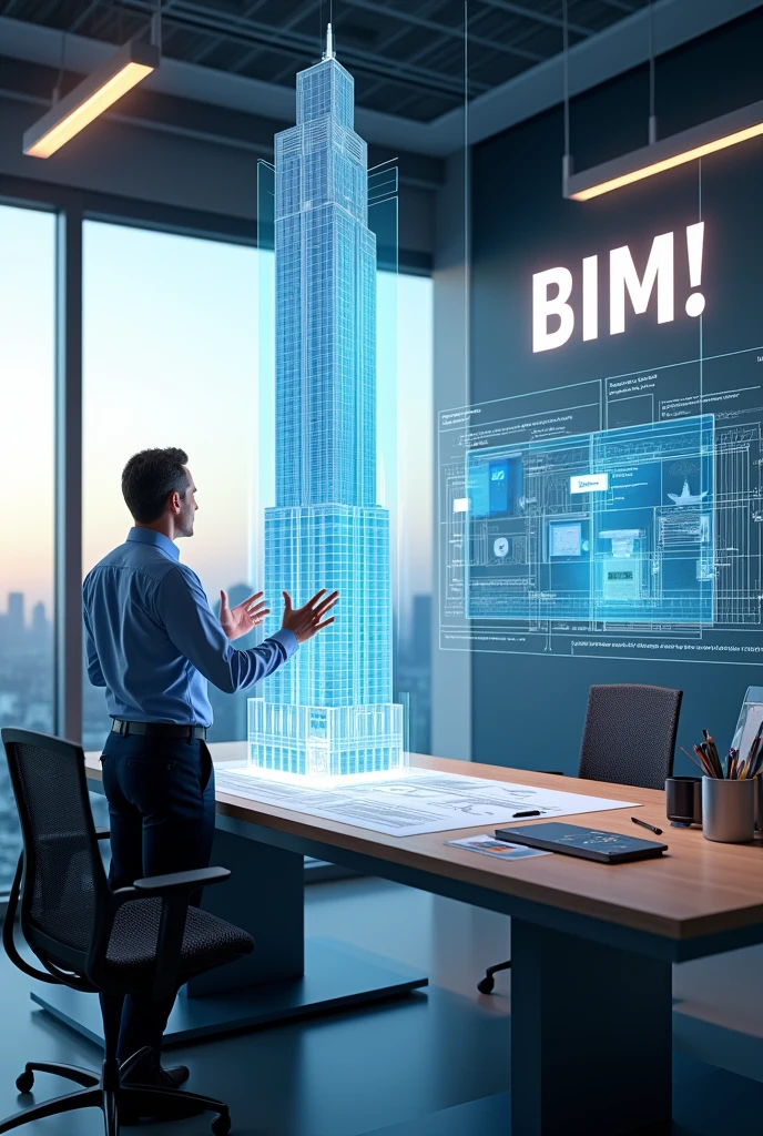 Aquí tienes un prompt detallado para crear la imagen que deseas:

"Create a dynamic scene of an architect in a modern office, working on a 3D projection of a building design. The architect, dressed in professional attire, is standing at a sleek, high-tech workstation, using hand gestures to manipulate a holographic 3D model of a skyscraper that hovers above the desk. The surrounding environment includes large screens displaying blueprints and digital plans, with various architectural tools and materials on the desk. The scene is illuminated by natural light coming through large windows that overlook a city skyline. Include the text ‘BIM!’ in bold, modern font above the 3D model, emphasizing the use of Building Information Modeling technology."