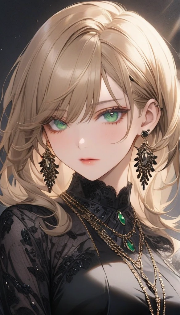 high resolution, Masterpiece, Anatomically correct, precise, qualityที่ดีที่สุด, quality, 1 woman, Age 25 years,Medium length hair, light brown hair,emerald eyes, Uneven hairstyles, big breasts, earring, Dark makeup, A cold expression simple background, Close-up , Anime style, Wearing a black dress,luxurious,Wealth,millionaire,The body looks mature,เครื่องแต่งกายluxurious, Sharp eyes 