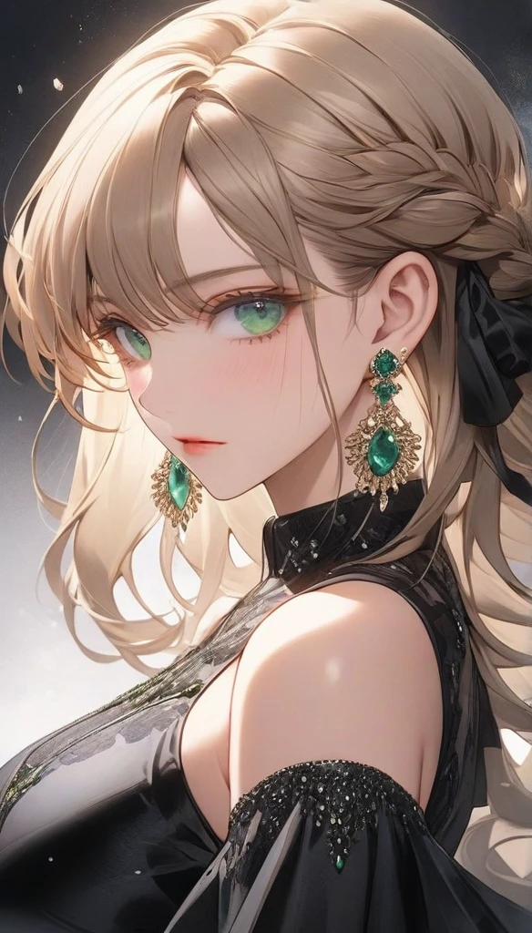 high resolution, Masterpiece, Anatomically correct, precise, qualityที่ดีที่สุด, quality, 1 woman, Age 25 years,Medium length hair, light brown hair,emerald eyes, Uneven hairstyles, big breasts, earring, Dark makeup, A cold expression simple background, Close-up , Anime style, Wearing a black dress,luxurious,Wealth,millionaire,The body looks mature,เครื่องแต่งกายluxurious, Sharp eyes 
