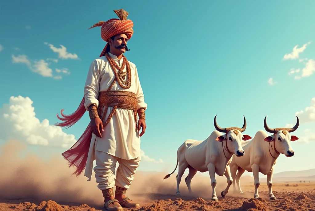 Create an image of Tejaji Maharaj with traditional and decorative Rajasthani turban on the head. Tejaji Maharaj is wearing white clothes, which shows his royal dignity. He has white shiny shoes on his feet. He has only a mustache on his face, which shows his strength and courage. There should be a blue sky in the background, which will give an open and spacious perspective to the picture. Tejaji is plowing the land with two white oxen.