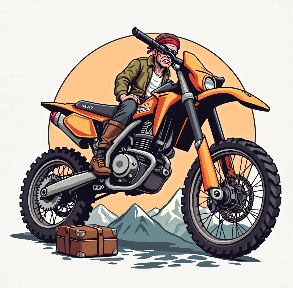 ((vector logo with white border)), ((Honda NC750X model year 2016)) , ((trail bike with suitcases)), ((pirate driving motorcycle)), (((create a vector logo with a white border of a pirate riding a slingshot TRAIL))), mountains background