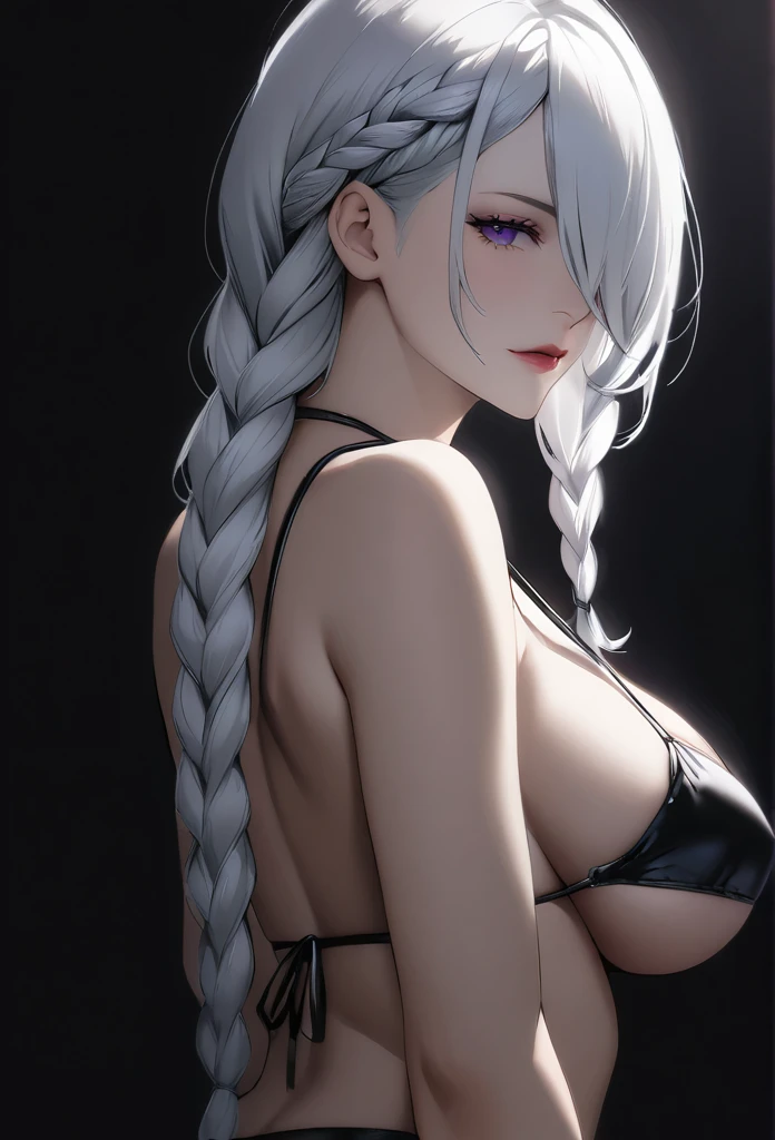 mei mei, long hair, very long white hair, braid, hair over one eye, braided ponytail, ((front braided bangs covering one eye)), purple eyes, black metallic bikini, pinup style, sexy, submissive, minimalist, lonely, monochromatic black and white color palette, soft lighting, ((submissive)), large breasts, thin, ((solid black background)), ((looking at viewer)),