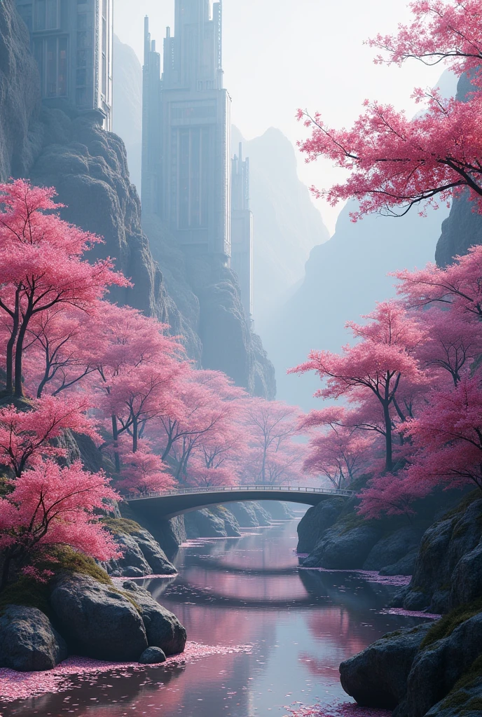 A vast and futuristic kingdom of the Sakurianas set in 10.000 Years, in China. The kingdom is situated within a sprawling, ultra-modern forest of Sakura trees, where petals fall continuously, enhanced by advanced technology to create a mesmerizing, otherworldly atmosphere. The Sakura trees are embedded with bioengineered, luminescent elements that emit a gentle, shifting glow in various shades of pink.The architecture features towering, transparent spires and floating habitats, constructed from cutting-edge materials with self-repairing capabilities. These structures are connected by suspended pathways made of adaptive smart glass, capable of adjusting its opacity and color to harmonize with the surrounding environment.The kingdom is shielded by energy barriers formed from an advanced, holographic technology that mimics the delicate appearance of Sakura petals while providing impenetrable protection. High-tech observation towers, adorned with dynamic holograms of Sakura blossoms, serve as defense stations, with Sakurianas utilizing advanced AI systems and drones to maintain vigilance and control the defensive barriers.Floating gardens, maintained by autonomous nanotechnology, hover above the kingdom and are sustained by sophisticated hydroponic and aeroponic systems. Rivers of artificially generated glowing Sakura petals meander through the kingdom, contributing to a tranquil and ethereal ambiance. Majestic, high-tech mountains with integrated energy harvesting systems surround the kingdom, adding to its stunning natural beauty and creating a profound sense of seclusion from the outside world.