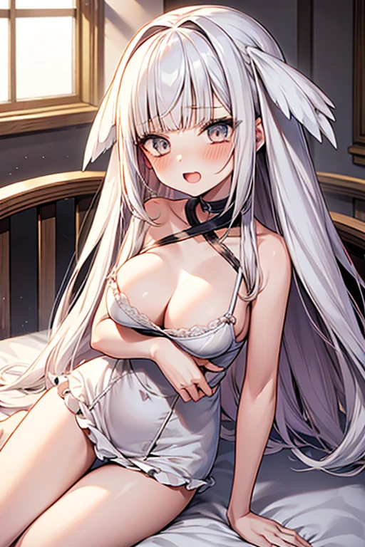 示 chibiki, slender, , Sistermon Blanc, 1girl, solo, white hair, long hair, grey eyes, blush, open mouth, bangs, blunt bangs, sidelocks,large breast,bed, white pink lingerie