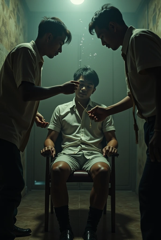 There is a handsome most handsome student from Malaysia named Khairul&21;s hands,legs with black loafer shoe ,black socks tied with ropes to the chair and eyes covered with cloth at the old warehouse
The kiddnaper remove Khairuls shoes and tickled Khairuls feet with feather duster