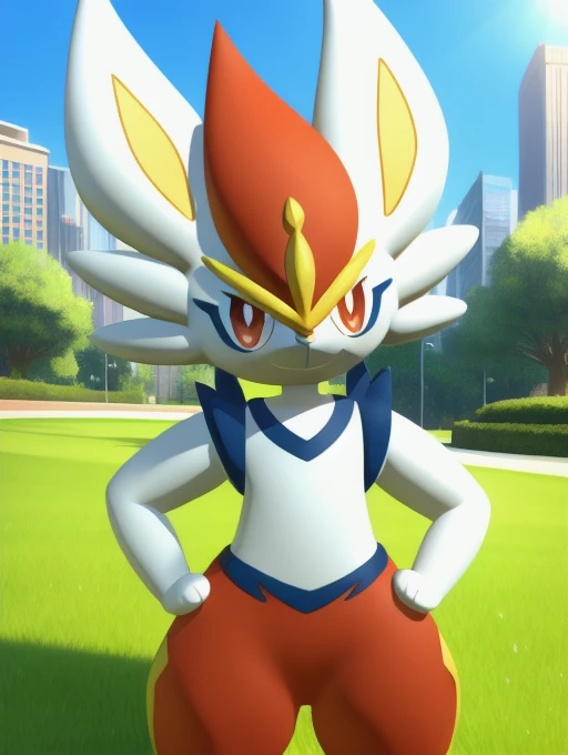 cinderace, anthropomorphic female pokemon, her right eye orange and her left eye orange, city, park , grass, standing pose, looking at viewer, detailed, art, live action, masterpiece, best quality, 4k