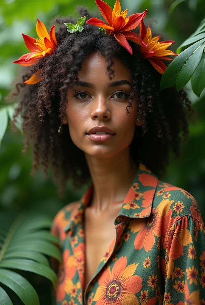 A Brazilian woman in a lush tropical garden, wearing an open shirt with a floral print, with a close-up capturing the harmonious beauty between her breasts and the natural flowers, showing off your natural charm and outgoing personality.