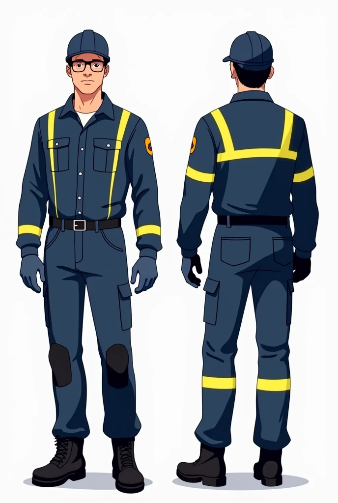 Man from front and back wearing dark blue work clothes with a single yellow reflective stripe on the shirt and yellow reflective stripe on the pants, that you have safety elements such as glasses, gloves and black shoes.
that the drawing is animated