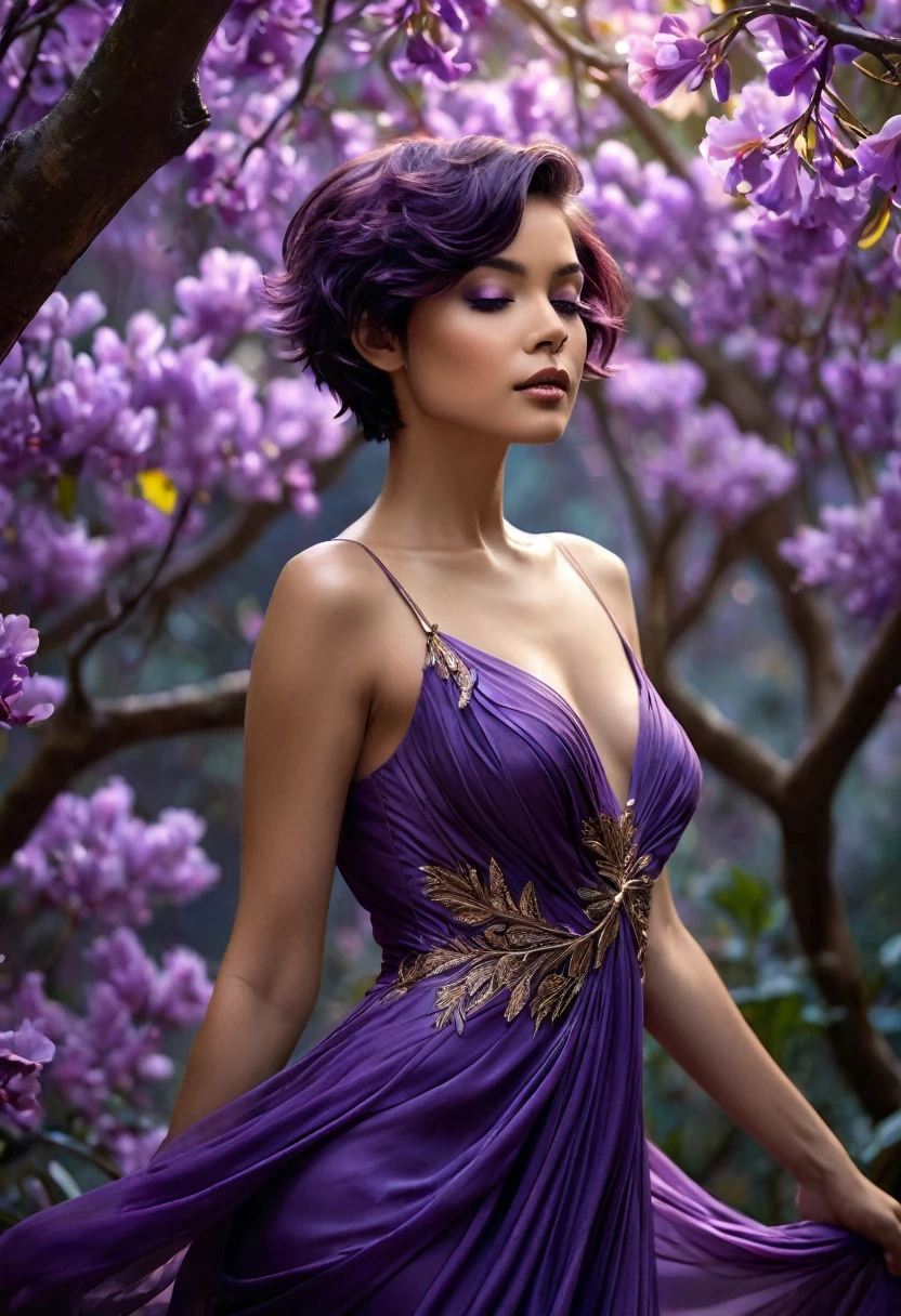 A woman, enigmatic and seductive, she embodies the mystique and elegance of nature, she has delicate elfin features, short, flowing hair in a deep, rich purple, falling like a waterfall of petals, (((a woman with short purple hair 1.75)))(((extremely beautiful))), with warm, beige-brown skin that glows with a soft glow, standing in a mystical forest at dusk surrounded by purple tabebuia trees, the dim light casting shadows and highlights on her figure, cool and enchanting palette, a deep, flowing violet dress that hugs her curves and flows like liquid silk, her amethyst eyes shining with depth and mystery, 8K, graceful and captivating, extremely detailed, (high quality, realistic, photorealistic: 1.37), ideal proportions and smooth, radiant skin, meticulously crafted features, unapproachable beauty, perfection, artistic art, realism vivid, hyper-detailed sculpture, realistic forms, truly awe-inspiring, impeccable craftsmanship, pure brilliance, ethereal beauty, delicate contours, striking poses, sublime beauty, subtle nuances, dynamic compositions, perfect lighting, serene expressions, heavenly aura, majestic presence, dreamlike atmosphere, unparalleled detailed high-octane rendering trending on artstation, 8k art photography, photorealistic concept art, cinematic volumetric soft natural light, chiaroscuro, award-winning photography, fine art, oil on canvas, beautiful, detailed, intricate, serene