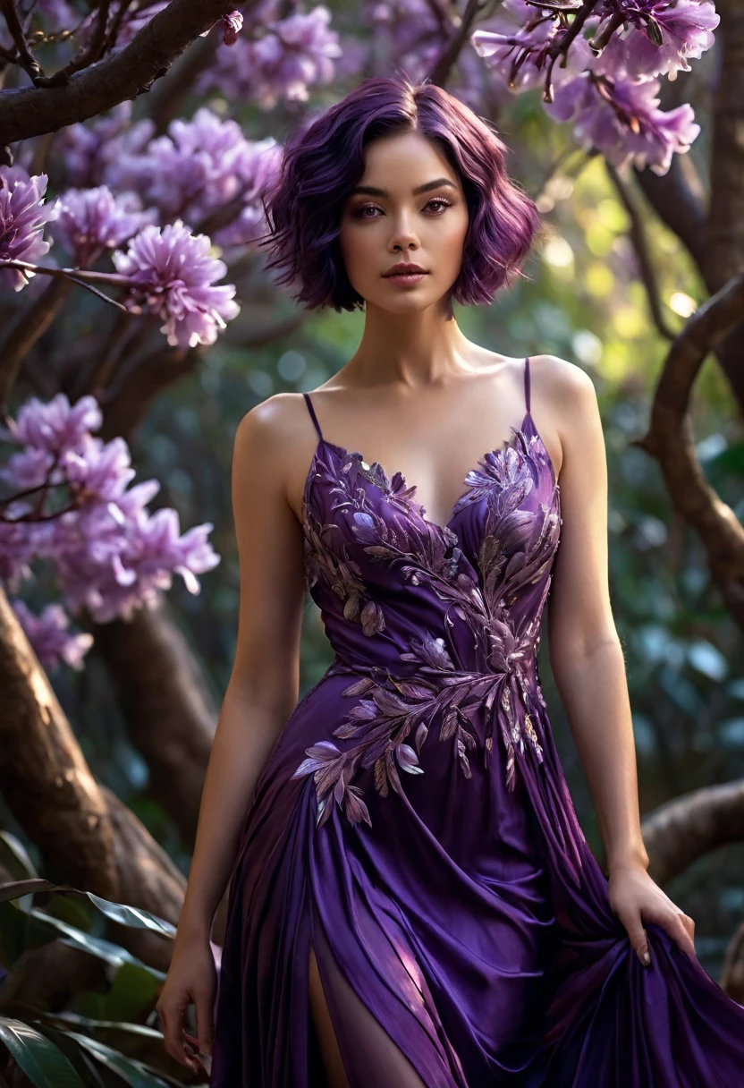 A woman, enigmatic and seductive, she embodies the mystique and elegance of nature, she has delicate elfin features, short, flowing hair in a deep, rich purple, falling like a waterfall of petals, (((a woman with short purple hair 1.75)))(((extremely beautiful))), with warm, beige-brown skin that glows with a soft glow, standing in a mystical forest at dusk surrounded by purple tabebuia trees, the dim light casting shadows and highlights on her figure, cool and enchanting palette, a deep, flowing violet dress that hugs her curves and flows like liquid silk, her amethyst eyes shining with depth and mystery, 8K, graceful and captivating, extremely detailed, (high quality, realistic, photorealistic: 1.37), ideal proportions and smooth, radiant skin, meticulously crafted features, unapproachable beauty, perfection, artistic art, realism vivid, hyper-detailed sculpture, realistic forms, truly awe-inspiring, impeccable craftsmanship, pure brilliance, ethereal beauty, delicate contours, striking poses, sublime beauty, subtle nuances, dynamic compositions, perfect lighting, serene expressions, heavenly aura, majestic presence, dreamlike atmosphere, unparalleled detailed high-octane rendering trending on artstation, 8k art photography, photorealistic concept art, cinematic volumetric soft natural light, chiaroscuro, award-winning photography, fine art, oil on canvas, beautiful, detailed, intricate, serene