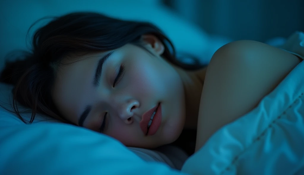 a closeup image of a young woman lying in bed before sleeping, blue lighting