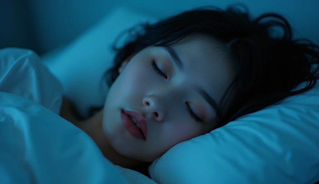 a closeup image of a young woman lying in bed before sleeping, blue lighting