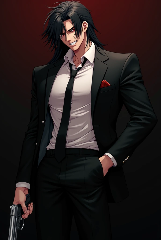 Portrait of an anime boy with muscular body having psycho red wild eyes, psycho laughing, wearing black suit with tie, gun in hand, long black hair