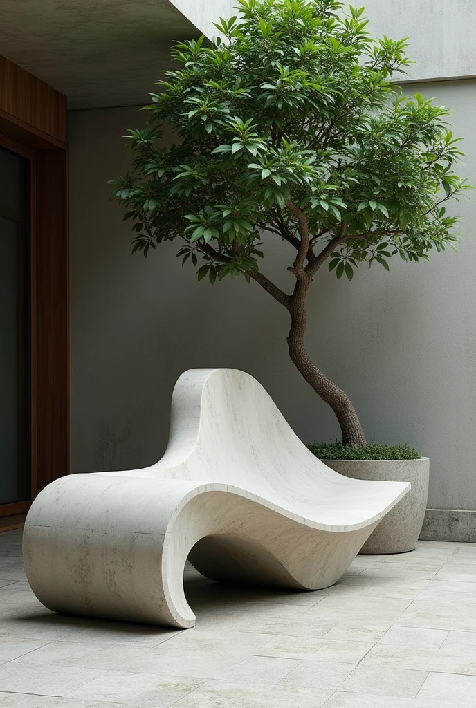 bench with a rounded and architectural shape with space to sit and lie down and a tree pot