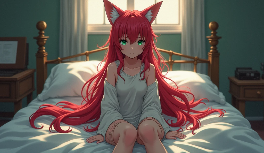 (anime:1.2), 1girl, fox ears, red hair, green eyes, fantasy, sitting on bed, emotionless, after battle, bandages