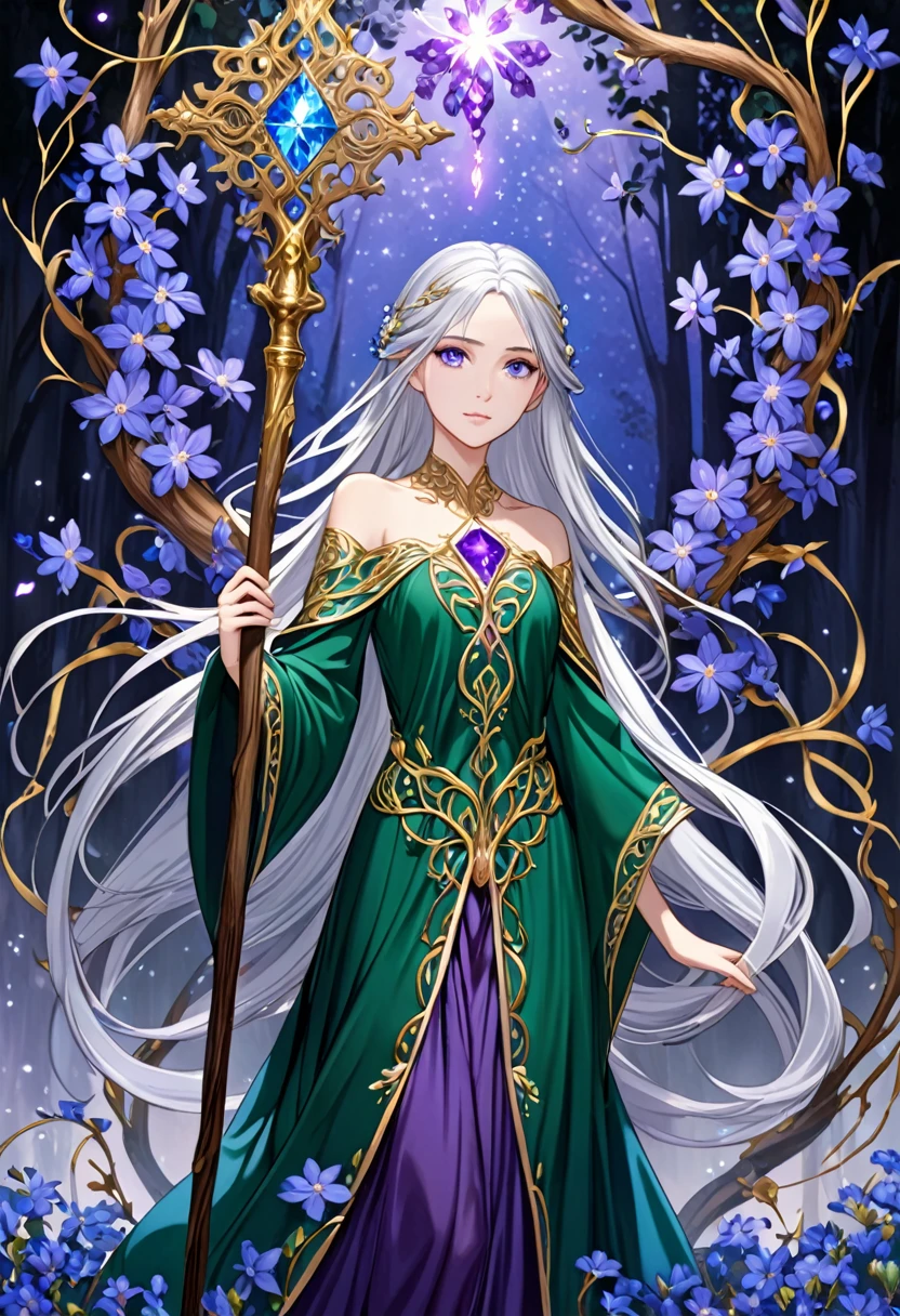 “A slender, ethereal young woman with cascading silver hair adorned with delicate, glowing blue flowers, her eyes a striking amethyst hue, wearing a flowing, deep green robe embroidered with intricate golden vines, and carrying a staff carved from ancient oak, topped with a shimmering crystal.”

