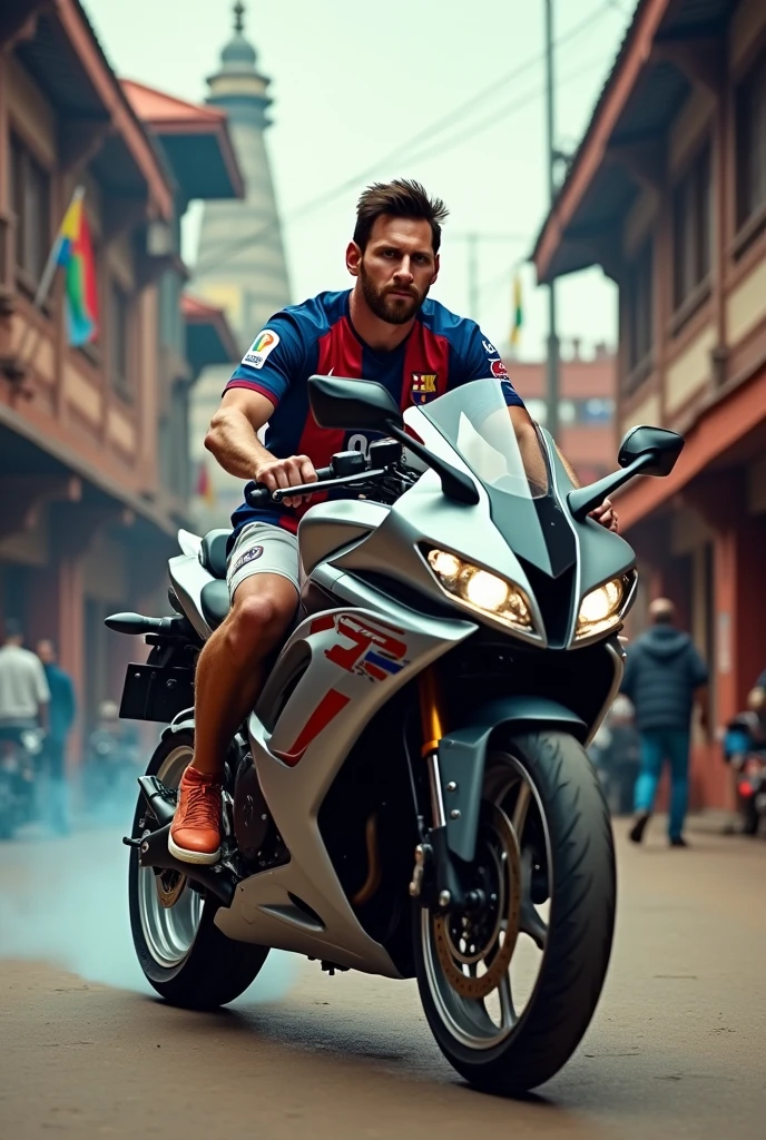 Will please create a photo of Messi riding CBR bike in the middle of beautiful heritage basantapur and carrying momo