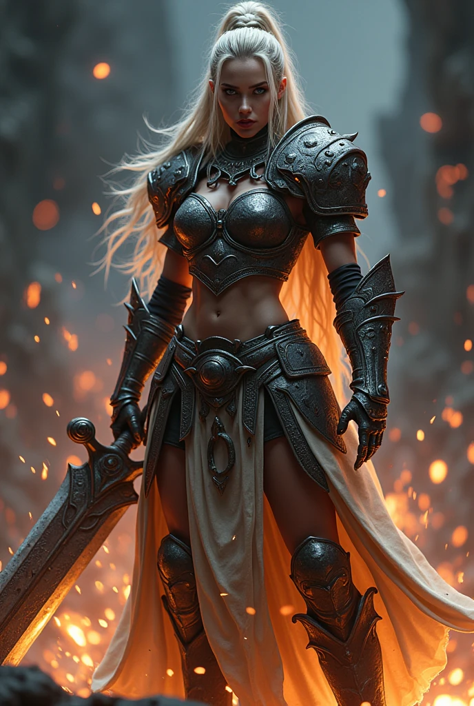 Ultra HD,1 Full-length photo of a female warrior holding a large sword,wear clothes, Sparks are flying around me