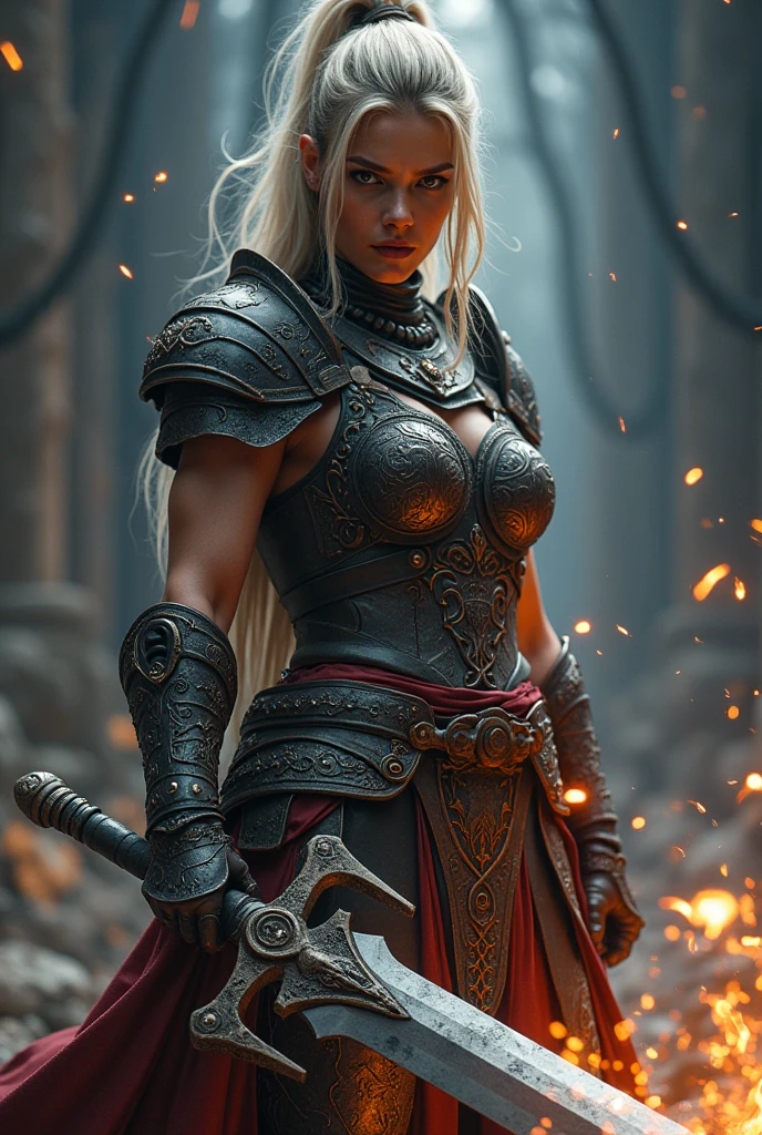 Ultra HD，1 Full-length photo of a female warrior holding a large sword，wear clothes, Sparks are flying around me