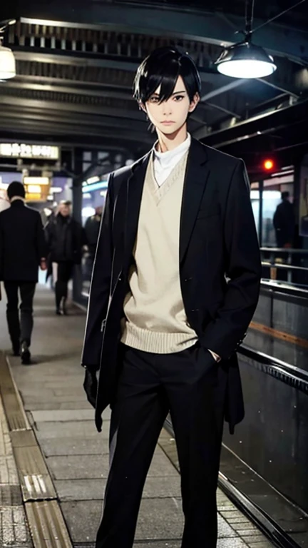 Black Hair、Cold look:1.5、Androgynous Japanese man、Teenage Boy、Dark Background、Cool man alone:1.5、Anxious expression、night、whole photo、Dark Eyes、Black gloves、weak、、Underground railway stations
