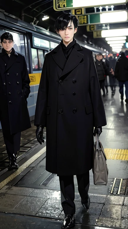 Black Hair、Cold look:1.5、Androgynous Japanese man、Teenage Boy、Dark Background、Cool man alone:1.5、Anxious expression、night、whole photo、Dark Eyes、Black gloves、weak、、Underground railway stations