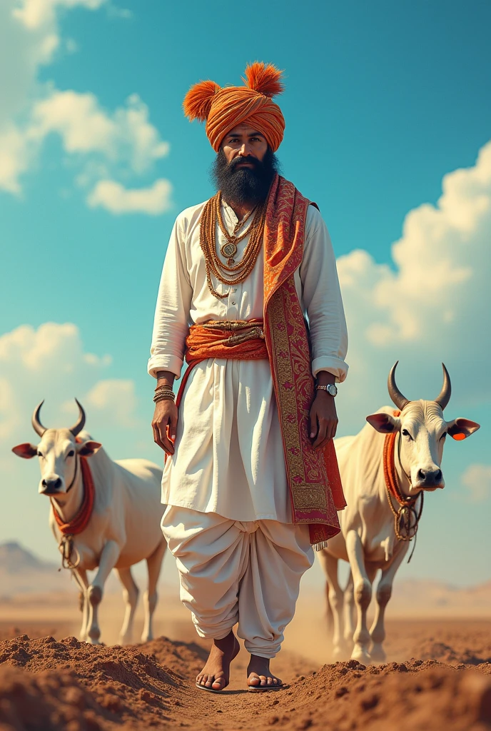 Create an image of Tejaji Maharaj with traditional and decorative Rajasthani turban on the head. Tejaji Maharaj is wearing white clothes, which shows his royal dignity. He has white shiny shoes on his feet. He has only a mustache on his face, which shows his strength and courage. There should be a blue sky in the background, which will give an open and spacious perspective to the picture. Tejaji is plowing the land with two white oxen.
