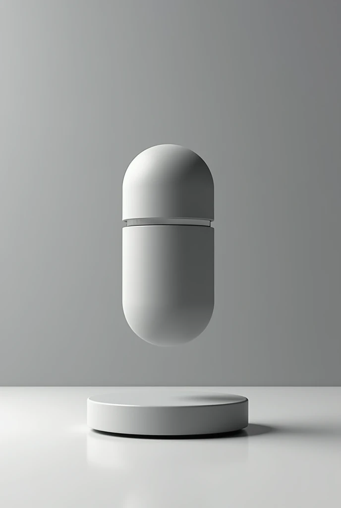 Generate a photo of the fragrance, the bottle of which looks like a capsule. with a magnetic stand, as if in the air, grey matt  color. Modern style 